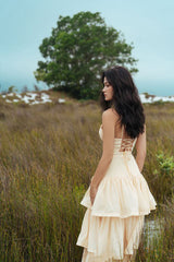Silk Bustier Dress with Tiered Skirt and Spaghetti Straps – Romantic Silhouette for Special Occasions