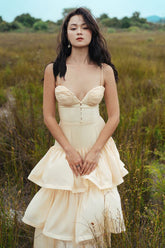 Silk Bustier Dress with Tiered Skirt and Spaghetti Straps – Romantic Silhouette for Special Occasions
