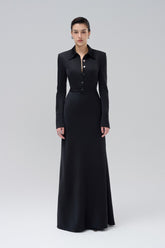 Structured satin dress with shirt collar, button front, and full-length figure-skimming cut