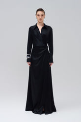 Satin Maxi Shirt Dress with Wrapped Waist and Tailored Cuffs for Elegant Evening Style