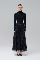 Floral Burnout Maxi Skirt with Ruched Waistband and Sheer Layered Hem
