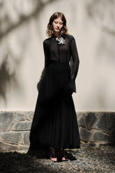 Sheer Long Sleeve Blouse with Wing Collar and Tailored Cuffs for Elegant Styling
