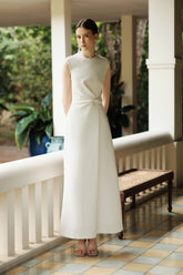 Sleeveless Crepe Maxi Dress with Draped Side Twist and Minimalist High Neckline