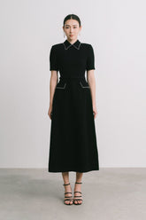Tailored Crepe Midi Dress with Pearl-Trimmed Collar and Belted Waist Detail