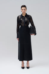 High-Waisted Vegan Leather Midi Skirt with Tailored Panel Seams and Back Vent