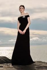 Off-Shoulder Wool Blend Maxi Dress With Draped Back and Side Slit Detail