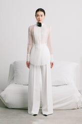 Sheer Long Sleeves Blouse With Pintuck Front, Waist Tie Detail And High Collar Finish