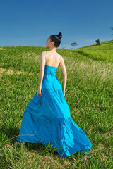Silk Cut-Out Maxi Dress with Ruched Bodice and Flowing Hem – Elegant Resortwear Silhouette