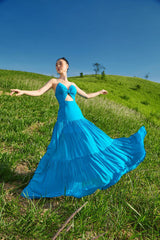 Silk Cut-Out Maxi Dress with Ruched Bodice and Flowing Hem – Elegant Resortwear Silhouette