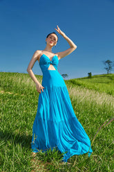 Silk Cut-Out Maxi Dress with Ruched Bodice and Flowing Hem – Elegant Resortwear Silhouette