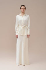 Pointed Collar Satin Shirt with Waist Tie and Hidden Button Front Detailing