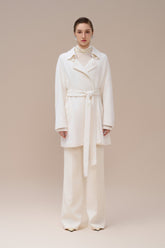 Short Belted Trench Coat With Sculptural Cape Back And Modern Collar