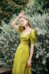 Silk midi dress with puff sleeves, sweetheart neckline, and fitted waist detail