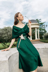 Silk midi dress with draped off-shoulder cape detail and flared A-line skirt