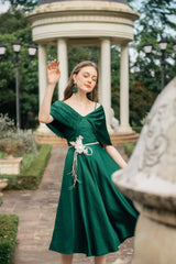 Silk midi dress with draped off-shoulder cape detail and flared A-line skirt