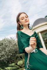 Silk midi dress with draped off-shoulder cape detail and flared A-line skirt