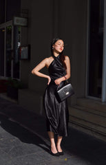 Halter-Neck Midi Dress in Smooth Silk with Cross Front Detail and Fluid Silhouette