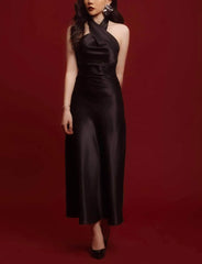 Halter-Neck Midi Dress in Smooth Silk with Cross Front Detail and Fluid Silhouette