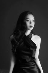 Halter-Neck Midi Dress in Smooth Silk with Cross Front Detail and Fluid Silhouette