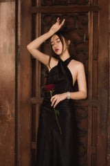 Halter-Neck Midi Dress in Smooth Silk with Cross Front Detail and Fluid Silhouette