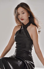 Halter-Neck Midi Dress in Smooth Silk with Cross Front Detail and Fluid Silhouette