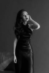 Halter-Neck Midi Dress in Smooth Silk with Cross Front Detail and Fluid Silhouette