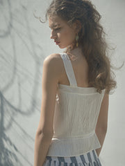 Pleated Linen Sleeveless Button-Up Top with Wide Straps