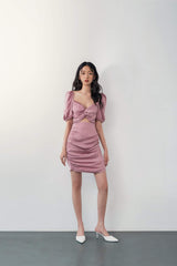 Silk Mini Dress with Puff Sleeves, Twist Bodice and Ruched Skirt Detailing