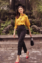 Silk High-Neck Blouse with Gathered Sleeves