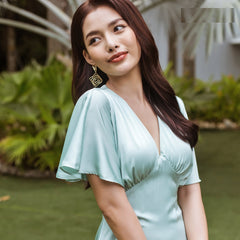 Silk A-Line Midi Dress with Flutter Sleeves and V-Neckline