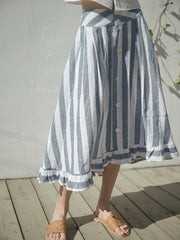 Striped Linen Skirt with Button Detail and Flounced Hem