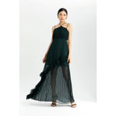 Silk Organza Pleated Maxi Dress with Criss-Cross Straps and Asymmetrical Ruffle Hem