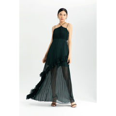 Silk Organza Pleated Maxi Dress with Criss-Cross Straps and Asymmetrical Ruffle Hem