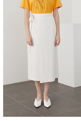 Wrap-Front Linen Midi Skirt with Waist Tie