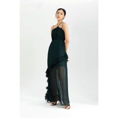 Silk Organza Pleated Maxi Dress with Criss-Cross Straps and Asymmetrical Ruffle Hem