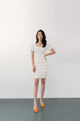 Silk Mini Dress with Puff Sleeves and Allover Shirred Texture for a Sculpted Silhouette