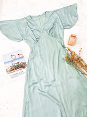 Silk A-Line Midi Dress with Flutter Sleeves and V-Neckline
