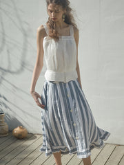 Striped Linen Skirt with Button Detail and Flounced Hem