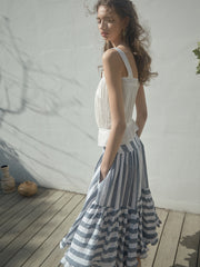 Striped Linen Skirt with Button Detail and Flounced Hem