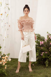 Off-Shoulder Ruffle Detail Silk Blouse with Smocked Bodice and Sheer Sleeves