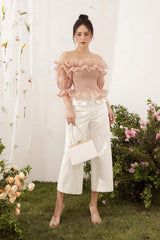 Wide-Leg High-Waisted Silk Pants with Front Patch Pockets and Button Detailing