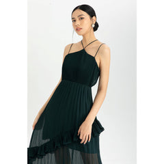 Silk Organza Pleated Maxi Dress with Criss-Cross Straps and Asymmetrical Ruffle Hem