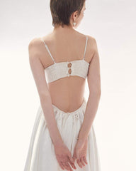 Silk midi dress with pleated bustier, cutout back and adjustable shoulder straps