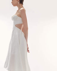 Silk midi dress with pleated bustier, cutout back and adjustable shoulder straps