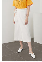 Wrap-Front Linen Midi Skirt with Waist Tie