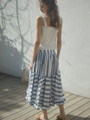 Striped Linen Skirt with Button Detail and Flounced Hem