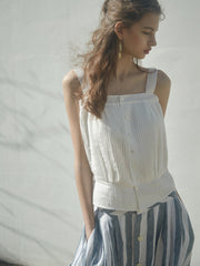 Pleated Linen Sleeveless Button-Up Top with Wide Straps