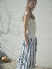Striped Linen Skirt with Button Detail and Flounced Hem