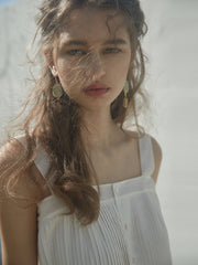 Pleated Linen Sleeveless Button-Up Top with Wide Straps