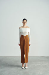 Off-Shoulder Stretch Knit Top with Folded Neckline and Long Slim Sleeves